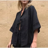 Purpdrank  Summer Holiday 2 Piece Set Women Loose Patchwork Shorts Solid Hollow Out Bandage Shirt Sets Fashion Lady Elastic Waist Suit