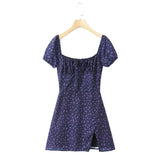 Purpdrank  French Retro Black Print Bow Square Collar Short Elastic Puff Dress Women Zipper Back Slim Waist Slit Hem Mini Dresses Robe Blue