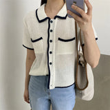 Purpdrank  Summer Single Breasted Hollow Out Women's Shirts Pockets Polo Collar Korean Short Sleeve Knitted Tops Female