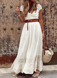Purpdrank  Elegant Cotton Embroidered Patchwork Long Dress V-neck Short Sleeve A- line Skirt Independent Station Bestseller Wish