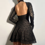 Purpdrank  Elegant Fashion Sexy Lace A-Line Dress See Through Dark Bandage Backless Square Collar Long Sleeve Mini Dresses For Women