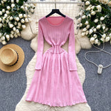 Purpdrank  Autumn Winter Hollow Out Knitted Women's Umbrella Long Dresses 2025 New Long Sleeve O-neck Loose A-line Dress Female