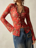 Purpdrank  Print Blouse Women Stand Collar Single Breasted Shirts Long Sleeve Vintage Fashion Top Spring Summer New Female Blouse