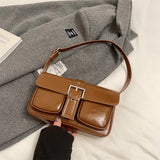 Purpdrank  Retro Women Bags Belt Buckle Design Single Shoulder Bag Flap Shape Pure Color Casual Street Underarm Satchels Latest