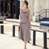 Purpdrank  Elegant Sling Satin Dresses For Women Summer Sleeveless Folds Purple Long Dress Vestidos