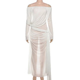 Purpdrank  Lace Up Ribbon Ruched See Through Mesh Vacation Beach Maxi Dress Women Sexy Slash Neck Off Shoulder Full Sleeve Party Clubwear