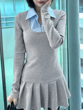Purpdrank  Korean Preppy Style Grey Dress Women's Patchwork Lapel Collar Button Long Sleeve Slim Fake Two-Piece Pleated Mini Dress