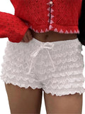 Purpdrank  Women Mini Shorts Layered Lace Frill Trim Elastic Waist Tie-Up Bow Bloomer Shorts for Summer Streetwear