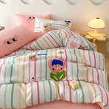 Purpdrank  Cartoon Embroidery Bedding Set Room Decor Breathable Single Double Comforter Four-Piece Set Pillowcases Bed Linens Home Textiles