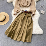 Purpdrank - Autumn Winter Women Two Piece Sets Stand Collar Puff Sleeve Ruffled Tops and Empire Slim Skirt with Belt Office Lady Suits