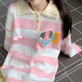Purpdrank  Sweaters Women Korean Fashion Striped Turn-down Collar Pullover Outwear Autumn New Gentle Casual Sweater Pull Femme