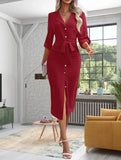 Purpdrank  Spring Autumn Shirt Dress Lapel Waist Lacing Button Split Robe Women's Clothing Trend Party Dresses Office Ladies Dress Chic New