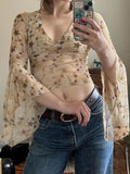 Purpdrank  French Style Y2k Vintage Summer V Neck Three Quarter Sleeve Flower Print Slim Women Blouse