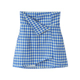 Purpdrank  Fashion Women Blue Plaid Slit High Waist Skirt Women Side Zipper Package Hips A-line Short Skirts Femme