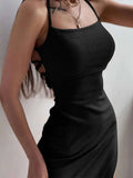 Purpdrank  New Sexy Black Long Bodycon Dress Women Summer Sleeveless Blackless Halter Neck Spaghetti Strap Dresses High Split Vestidos