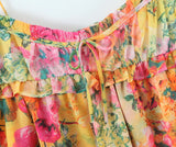 Purpdrank  Women Bow Lacing up Sling Robe Holiday BOHO Ruched Chest Orange Flower Print Spaghetti Strap Mini Dress