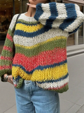 Purpdrank  Fashion Rainbow Stripes Print Jumpers Autumn Winter Elegant Soft Knitted Tops Casual O-neck Long Sleeve Loose Pullover Sweaters