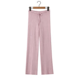 Purpdrank  New Autumn Fashion Rib Knit Wide Leg Pants for Woman Bow Lacing up Elastic Waist Straight Loose Trousers Yoga Bottom Beige Pink