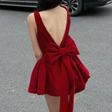 Purpdrank  Cute Mini Gowns For Party Dating Outfits Red Square Collar Strap Backless High Waist Bowknot Patchwork Pleated Dresses