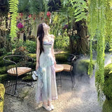 Purpdrank  French Mermaid Princess Summer Elegant Fish Tail Gradient Strap Waist Inward New Style Beach Dress Vacation Long Dress