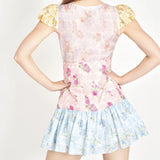 Purpdrank  Retro French style Contrast Color Flower Print V neck Mini Dress Sexy Short Flying Sleeve Ruffles Hem Slim Waist Robe