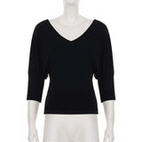 Purpdrank  V-Neck Long Sleeve Knitwear Autumn Fashion Women's Waist Cinching Versatile Casual Lazy Style Batwing Sleeve Black Elegant Tops