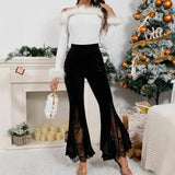 Purpdrank  Sexy High Waist Velvet Bell Bottoms Women's Long Pants Lace Splicing Street Style Cross-Border See through Casual Trousers