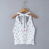 Purpdrank  Sexy White Red Fruit Tie Bow Halter V neck Open Buttons Slim Tank Top Women Spliced Lace Hem Sleeveless Backless Tee Summer Vest