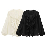 Purpdrank  Women's Long - sleeved V - neck Ruffled Blouse with Puffy Sleeves and Delicate Button - up Detail for a Charming Look