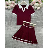 Purpdrank  Summer 2 pieces Knitted Women's Sets Polo Collar Short Sleeve Tops and Pleated Sexy Mini Skirts Outfits Suit for Female