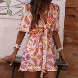 Purpdrank  Elegant V-neck Short Sleeve Vacation Rompers Lady High Waist Loose Playsuits Bohemian Style Pattern Printed Lace Up Jumpsuits