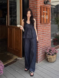 Purpdrank  Korean Women's Retro Temperament Denim Two-piece Set V-neck Denim Cami + High Waist Wide Leg YK2 Casual Pants Trousers Set Women
