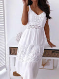 Purpdrank   Boho Midi Dress Women Sexy Backless Dress Summer Spaghetti Strap Fashion White Lace Patchwork Casual Beach Sleeveless Dresses