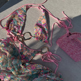 Purpdrank  3Pcs Shiny Bikini 2025 Bandeau Biquini Women Sexy Swimsuit Female Push Up Swimwear Printed Bathing Suit Mesh Skirt Beach Outfits