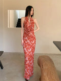 Purpdrank  Ladies Floral Printed Vintage Cowl Neck Maxi Dress Backless Slim Fit Long Red Vestidos Robe Female Elegant Party Clothing Summer