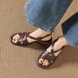 Purpdrank   Shoes Woman Summer Plus Size 34-42 Women's Cow Leather Narrow Band Cross Strap Hollow-out 6cm Thick Low Heel Casual Shoes