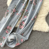 Purpdrank - Women Sweet Korean Pink Sweet 3 Pieces Set For Women Knitted Sling Vest +sunscreen+floral Print Wide Leg Denim Long Pants Suits