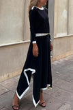 Purpdrank  Women Casual Long Sleeve 2Pc Set Fashion Color Blocked Loose 2Pc Outfits Elegant O-neck Pullover Top & lrregular Long Skirt Suit