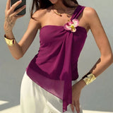 Purpdrank  Mesh Irregular One Shoulder Flower Decor Tank Top