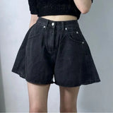 Purpdrank  Summer Washed High Waist Women's A-line Denim Shorts Pocket White New Casual Loose Wide Leg Jeans Shorts Female