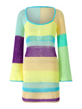 Purpdrank  Women Mini Bodycon Dress Cutout Knitted Contrast Color Stripe Long Sleeve Dress Spring Party Club Wrapped Hip Dress