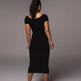 Purpdrank  Sexy Women Solid Square Collar Bodycon Dress Summer Short Sleeve Long Ribbed Dress Elegant Party Club Overalls