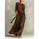 Purpdrank   Casual O Neck Belted Maxi Dress Woman Elegant High Waist Ruched A-line Swing Long Dresses Long Sleeve Pocket Boho Dress