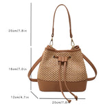 Purpdrank  Straw Woven Design Crossbody Bags For Women Summer Beach Drawstring Bucket Shoulder Bag Big Capacity Designer Handbag