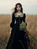 French Hepburn Velvet Black Midi Dress Women Elegant Lace Long Sleeve Dress Sexy Court Retro Evening Party Y2k Dress 2023 Winter