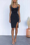 Purpdrank  Worn-look Denim Off-Shoulder Short-Sleeve U-Neck Dress Casual Style One-Piece Skirt Cotton Polyester Blend Mid-Waist Midi Dress