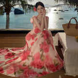 Purpdrank  Super Fairy Large Swing Atmosphere Pink Rose Flower Retro Square Neck Strap Long Dress Design Sense Beach Vacation Dress