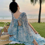Purpdrank  Summer French Style Puff Sleeve V-Neck Backless Tie-Dye Printed Long Sleeve Puff Ball Holiday Dress for Women