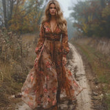 Purpdrank  Luxury Vintage Floral Print High Waist Robe Dress Boho Women V-neck Pleated Sexy Long Sleeve Maxi Dress Trendy A-line Dresses