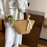 Purpdrank  Portable Straw Woven Tote Bag Handmade Large Capacity Shoulder Bags Hollow Out Button Braided Underarm Bag Women